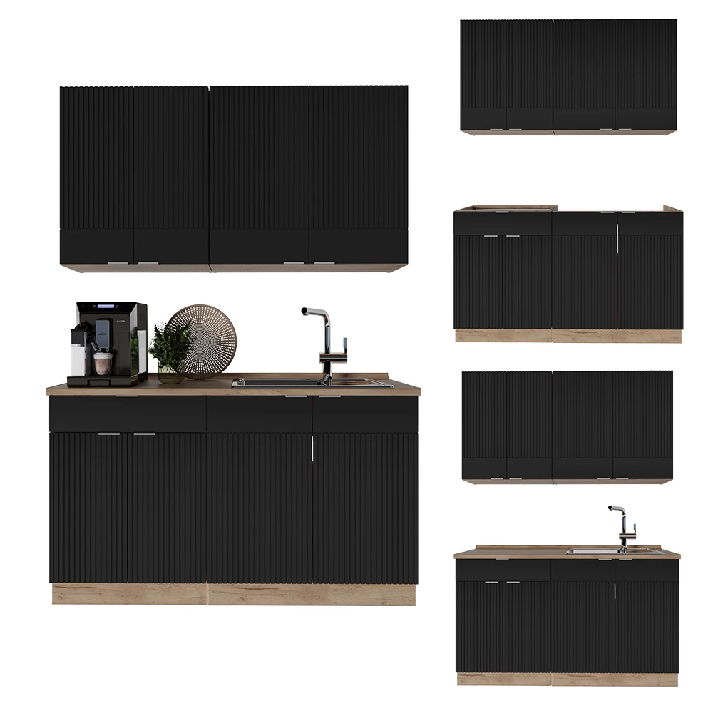 Cuisine en Noir rayé/Chêne doré sur fond blanc avec des éléments décoratifs