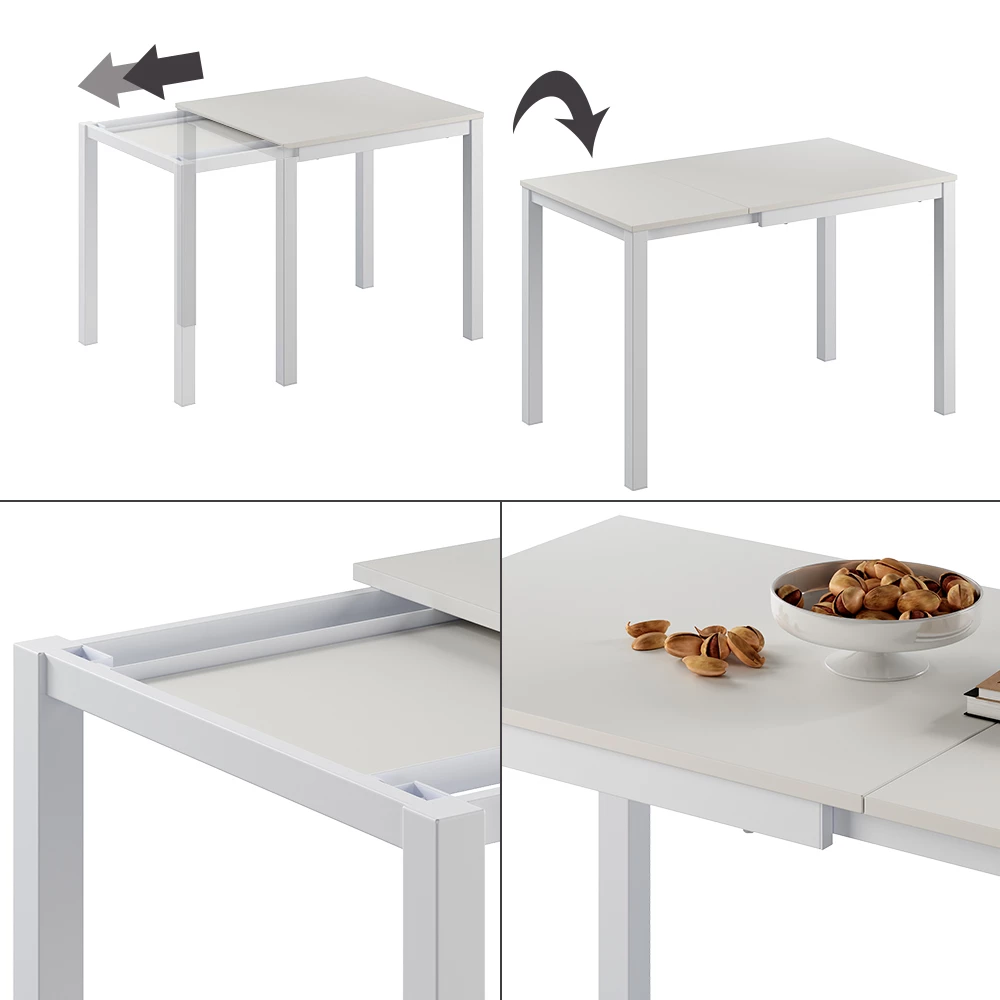 Nahaufnahme von Esstisch in Weiß, zeigt Design- und Oberflächendetails