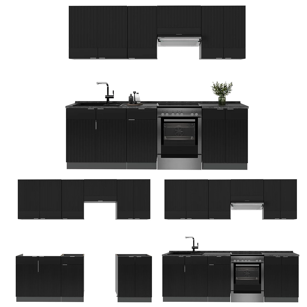 Cuisine en Noir rayé/anthracite sur fond blanc avec des éléments décoratifs