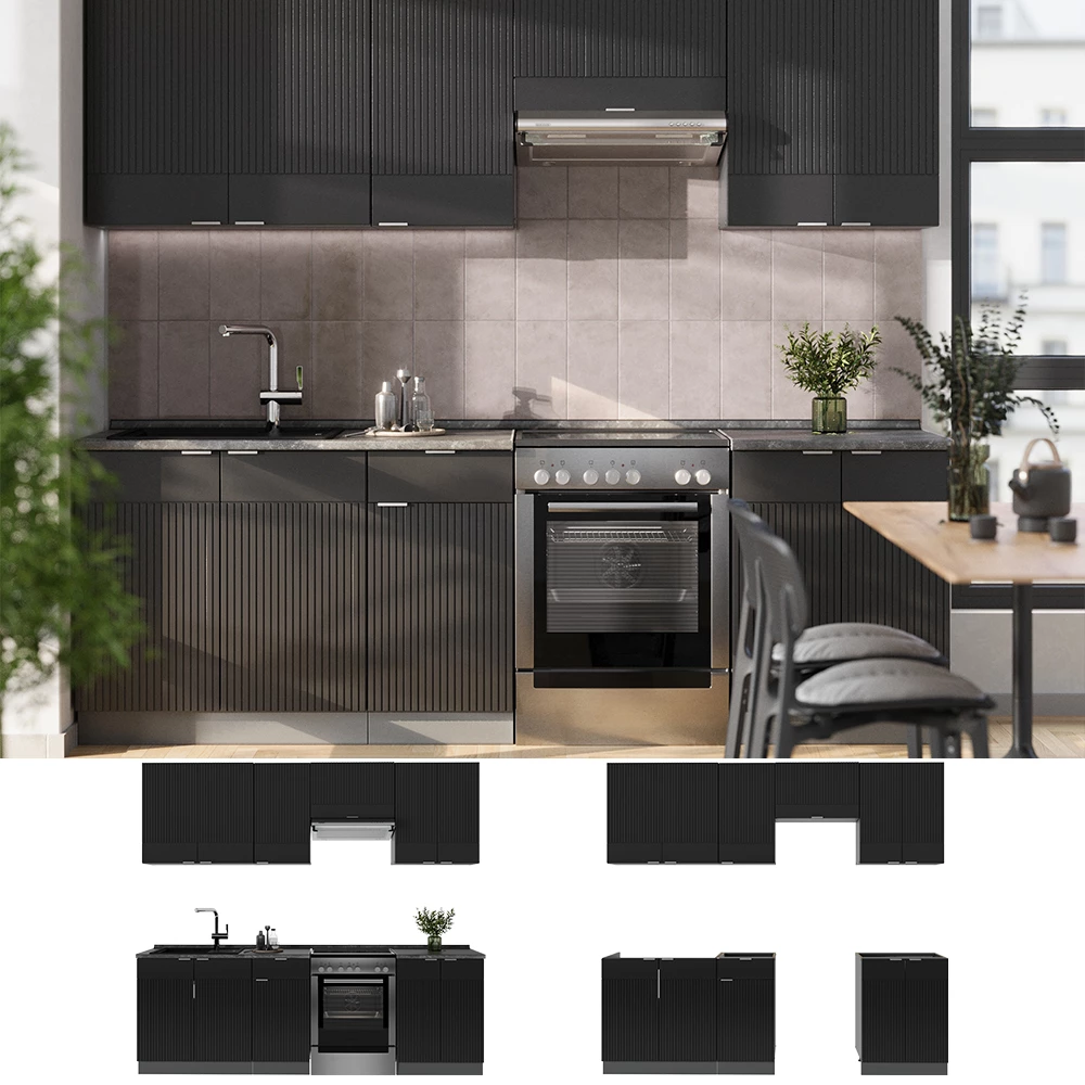 Cuisine Fame-Line Noir rayé/anthracite 240cm sans PT Vicco