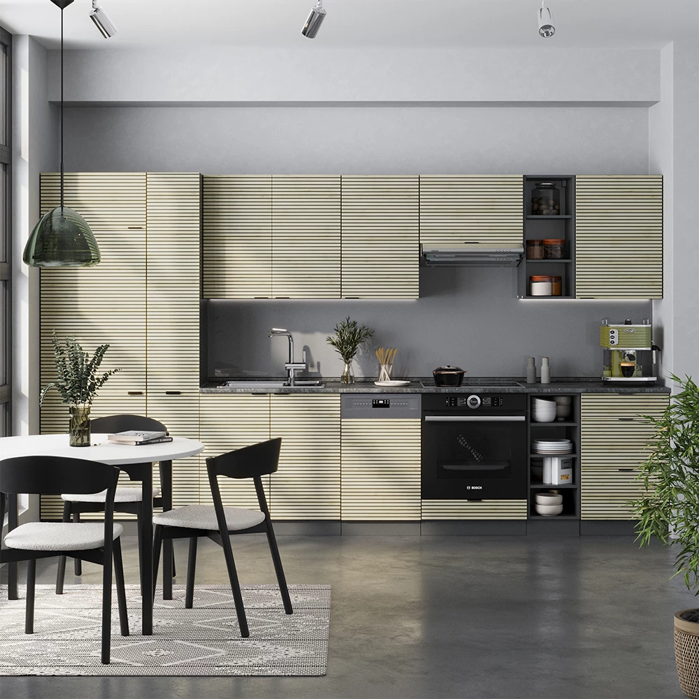 Konyhabútor Tölgy panel/antracit színben fehér háttéren