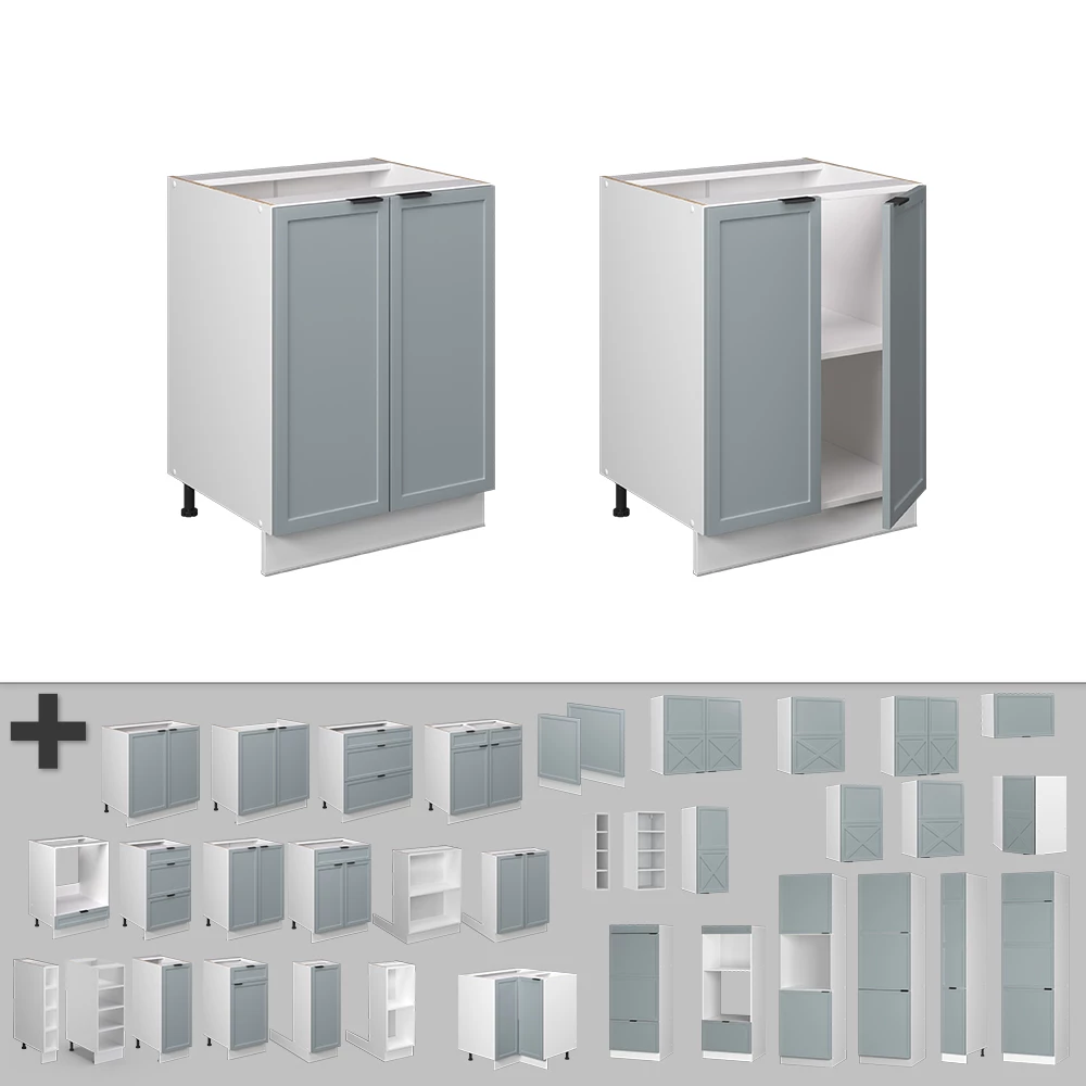 Nahaufnahme von Küchenunterschrank in Hellblau-grau, zeigt Design- und Oberflächendetails