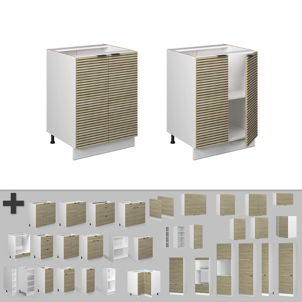 Nahaufnahme von Küchenunterschrank in Eiche Paneel, zeigt Design- und Oberflächendetails
