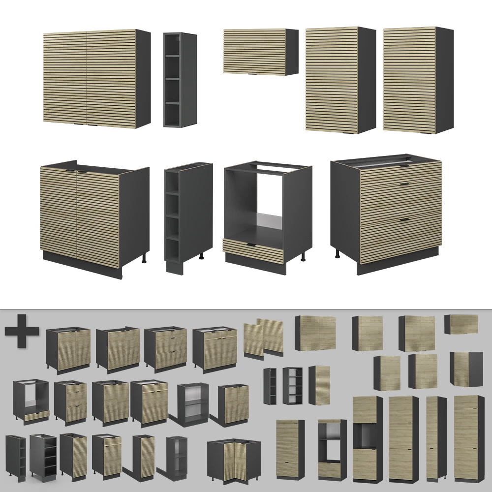 Gros plan de Cuisine en Chêne lambris/anthracite, montrant le design et les détails de surface