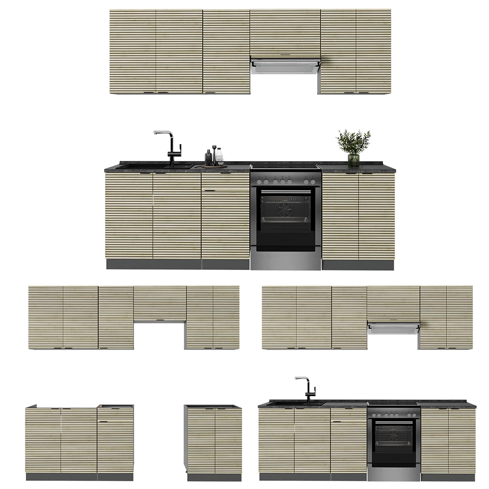 Cuisine en Chêne lambris/anthracite sur fond blanc avec des éléments décoratifs