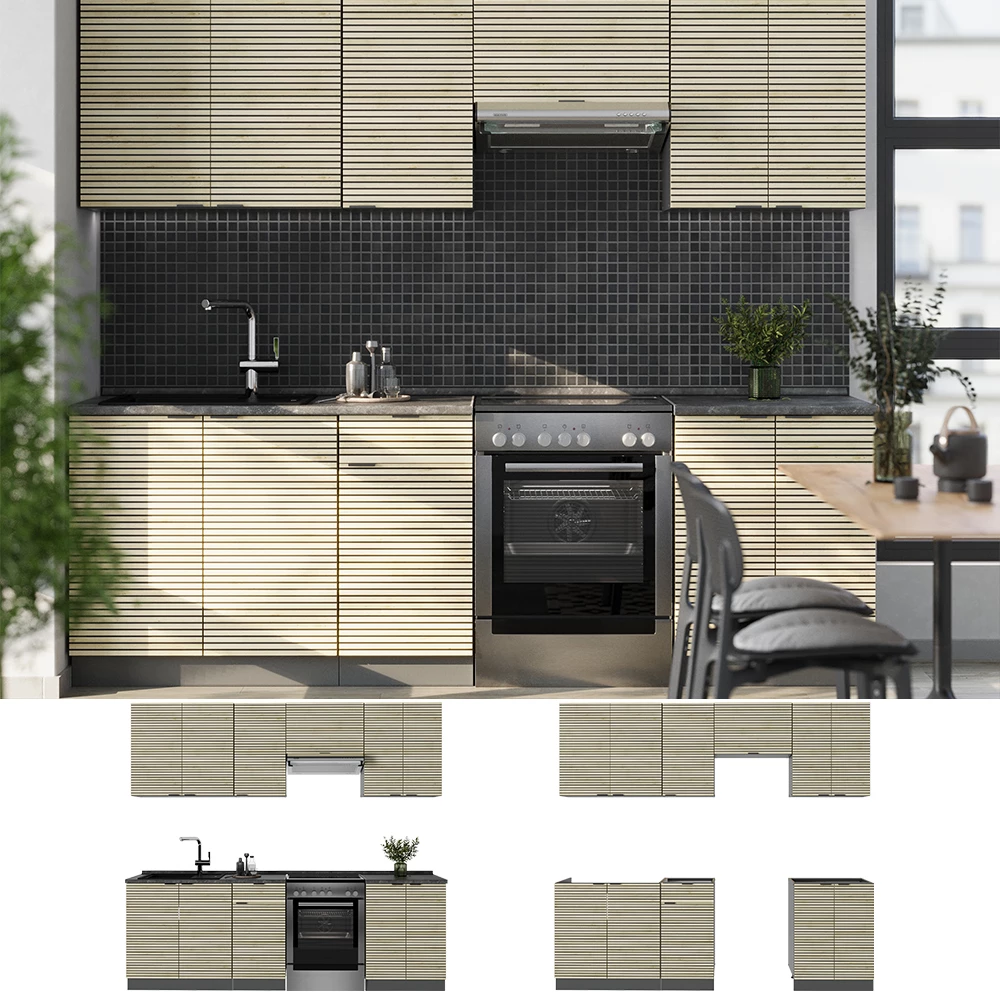 Cuisine en Chêne lambris/anthracite, présenté dans un décor ambiant et sur fond blanc