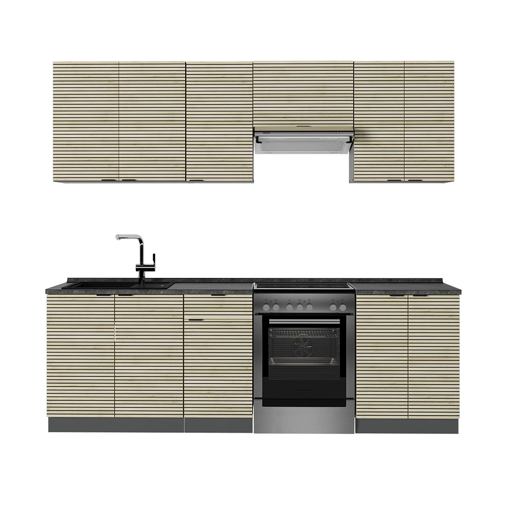 Cuisine en Chêne lambris/anthracite sur fond blanc
