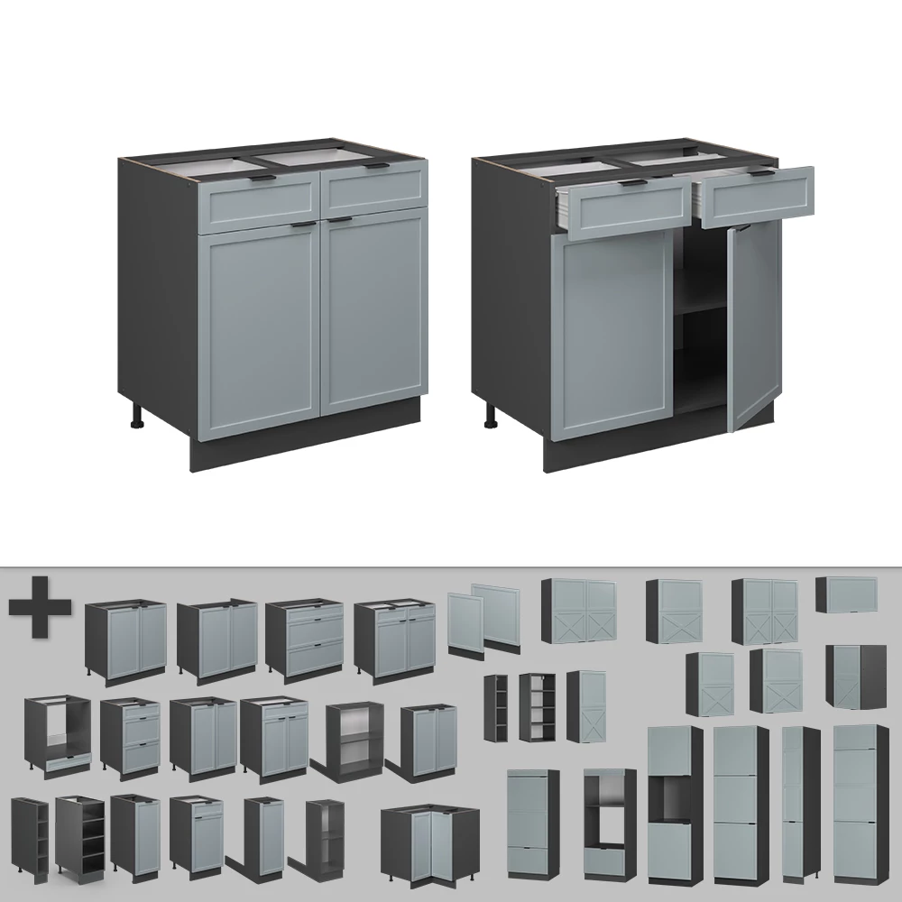 Nahaufnahme von Küchenunterschrank in Hellblau-grau, zeigt Design- und Oberflächendetails