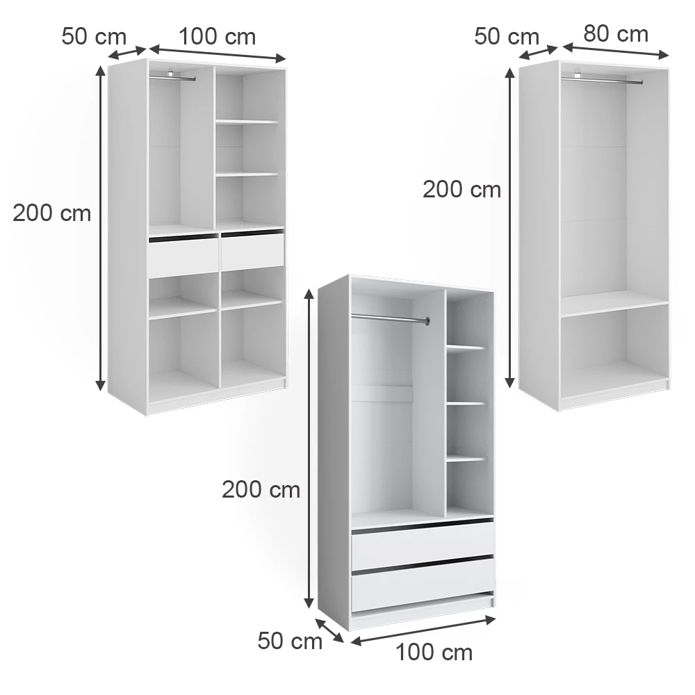 Garderobe i farven Hvid på hvid baggrund med synlige dimensioner