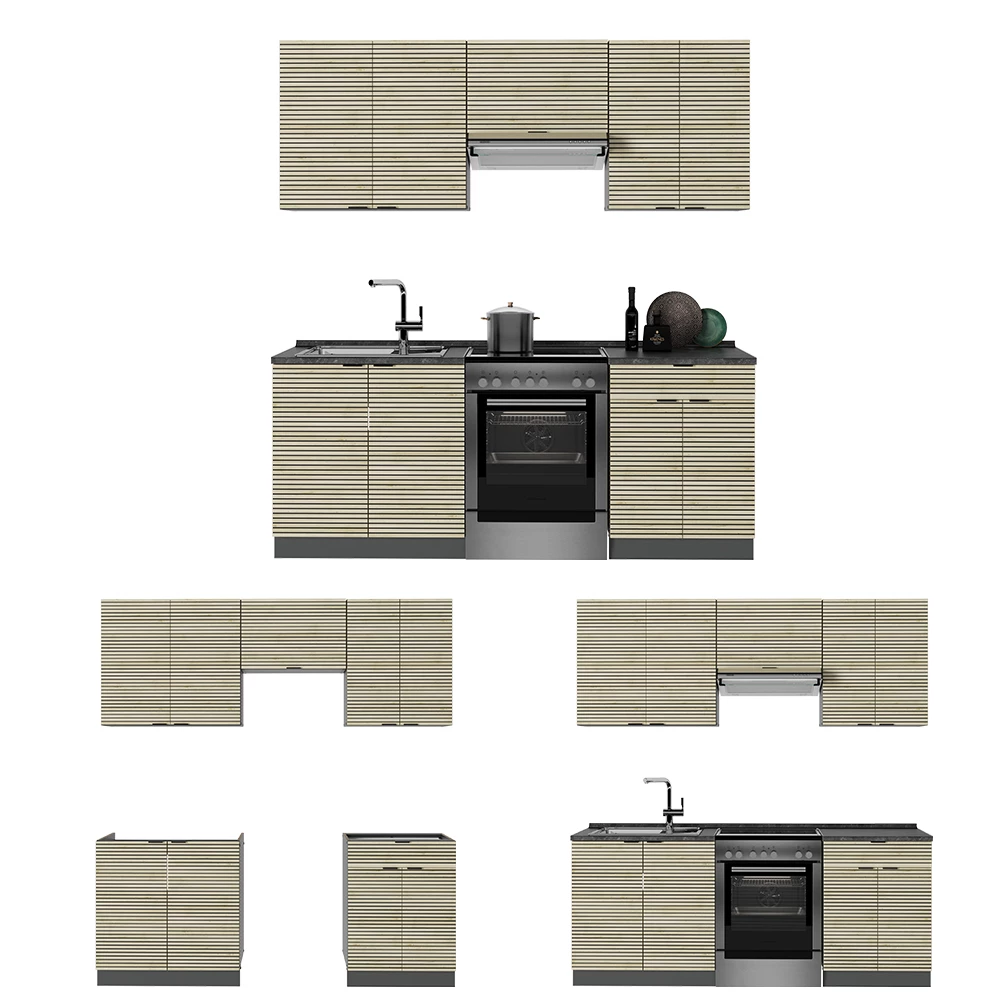Cuisine en Chêne lambris/anthracite sur fond blanc avec des éléments décoratifs