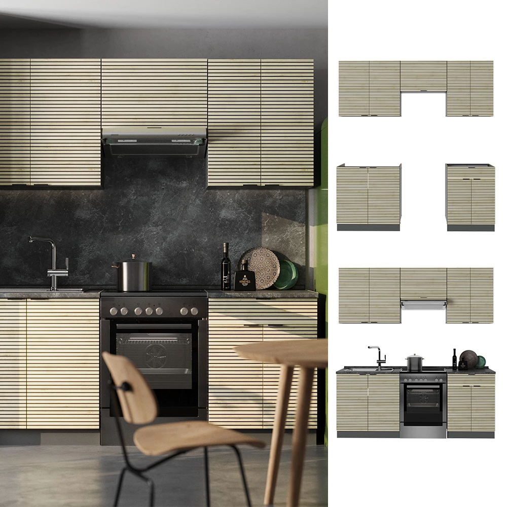 Cuisine en Chêne lambris/anthracite, présenté dans un décor ambiant et sur fond blanc