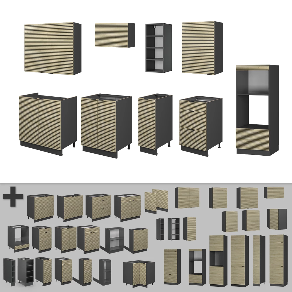 Nahaufnahme von Küchenzeile in Eiche Paneel/Anthrazit, zeigt Design- und Oberflächendetails