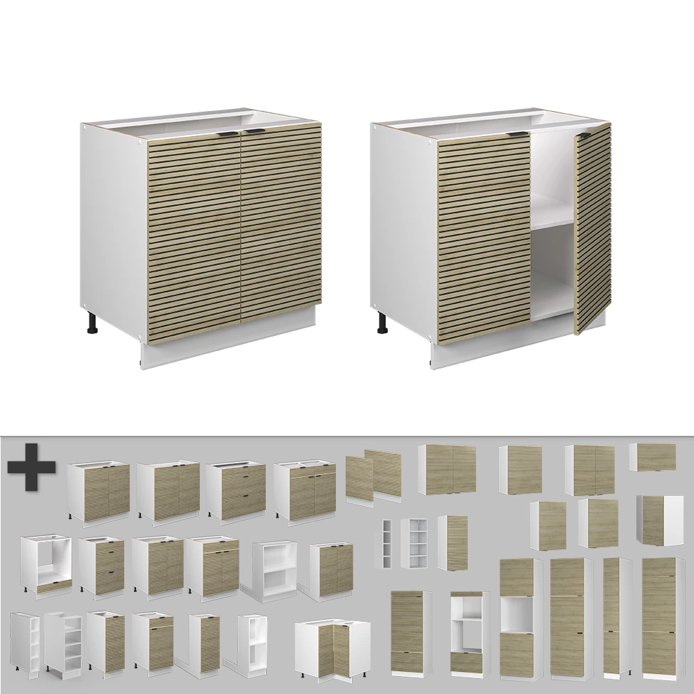 Nahaufnahme von Spülenunterschrank in Eiche Paneel, zeigt Design- und Oberflächendetails