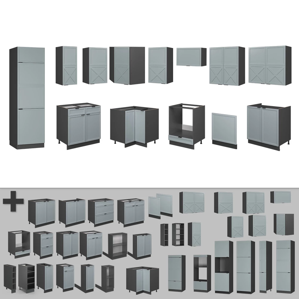 Gros plan de Cuisine en angle en Bleu clair-gris/anthracite, montrant le design et les détails de surface