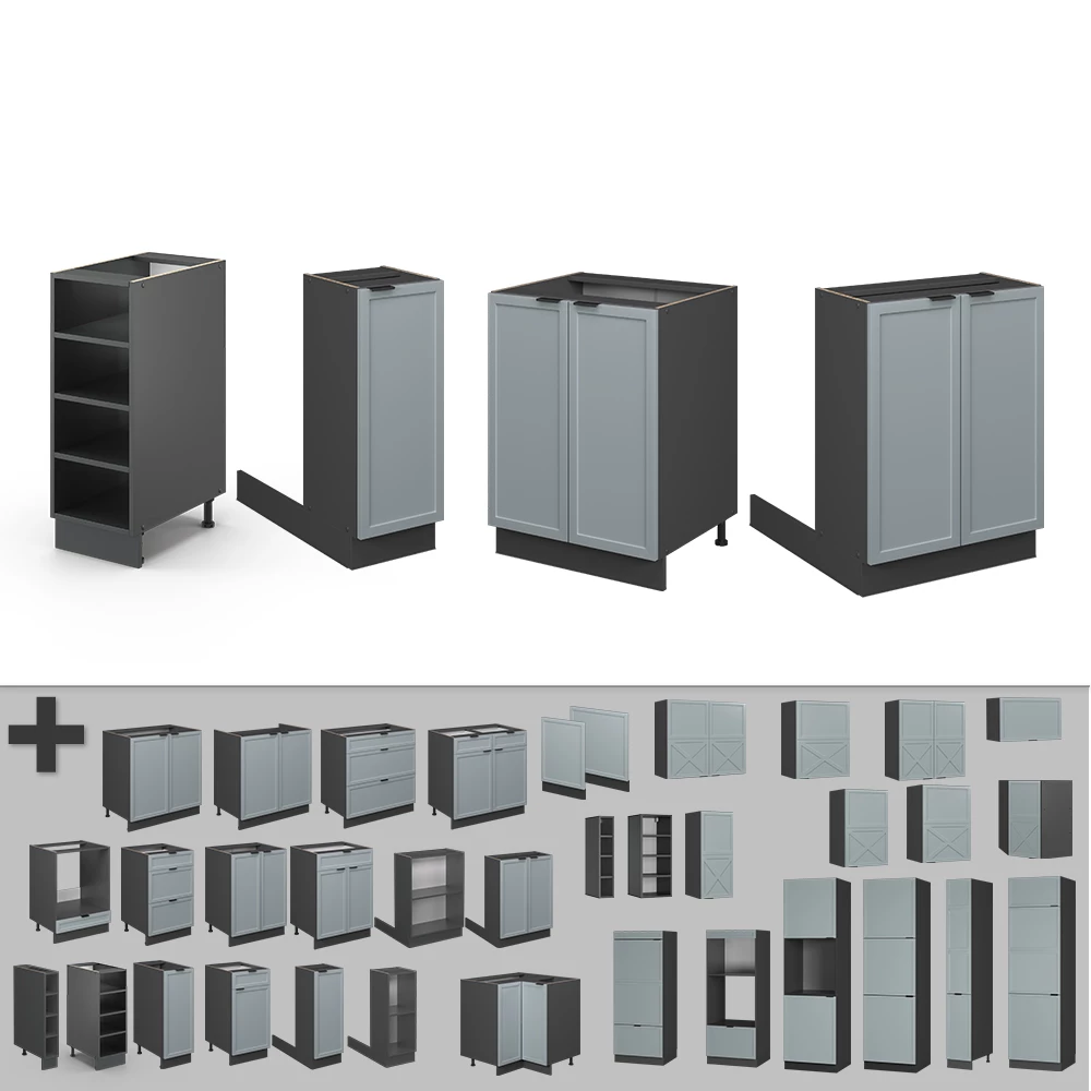 Prikaz izbliza Kücheninsel u boji Hellblau-grau, prikazuje dizajn i površinske detalje