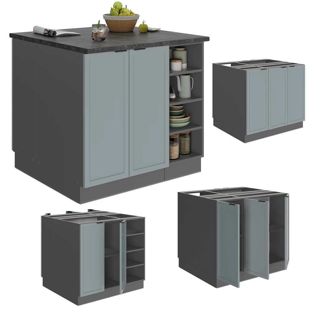 Kücheninsel u boji Hellblau-grau na bijeloj pozadini s dekorativnim elementima