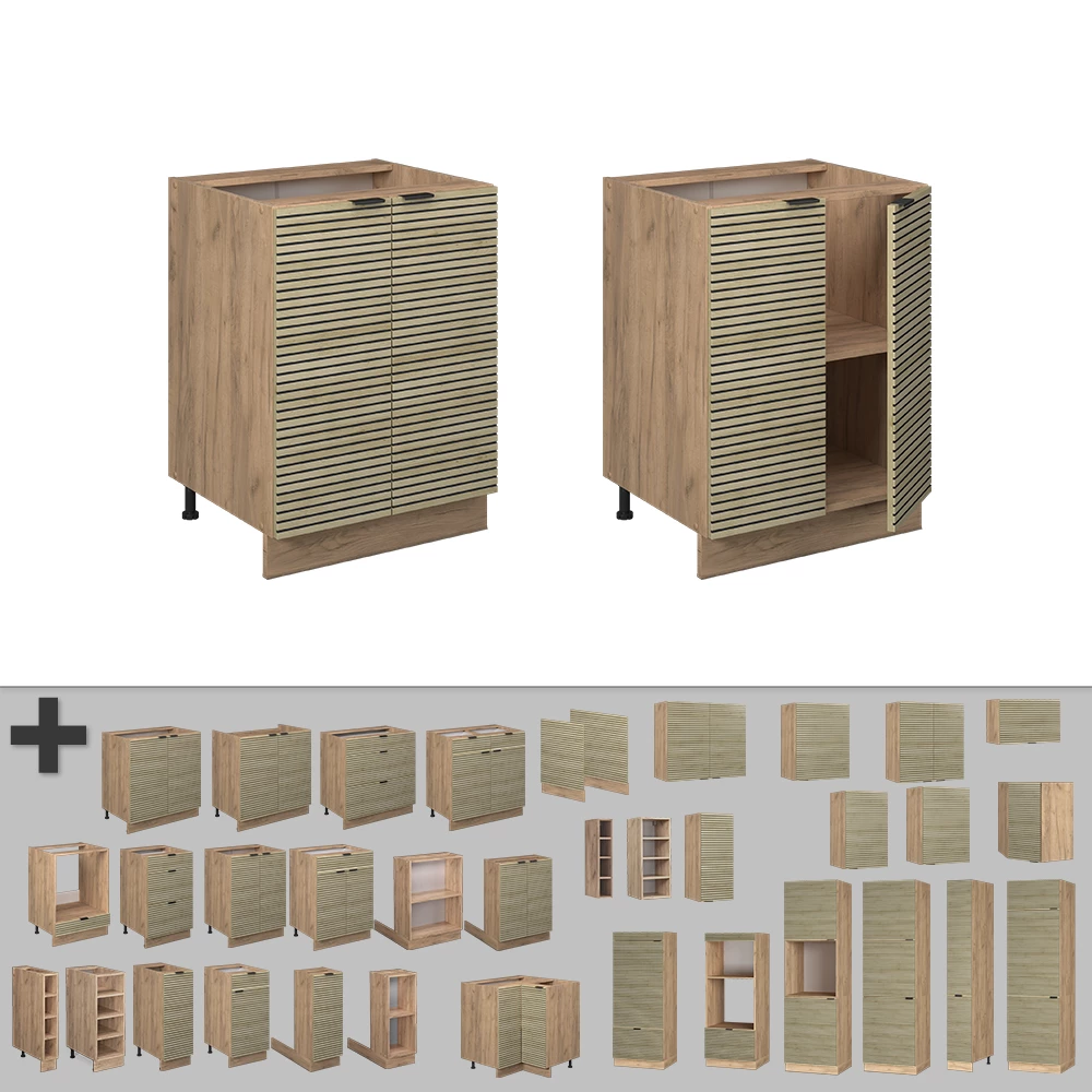 Nahaufnahme von Küchenunterschrank in Eiche Paneel, zeigt Design- und Oberflächendetails