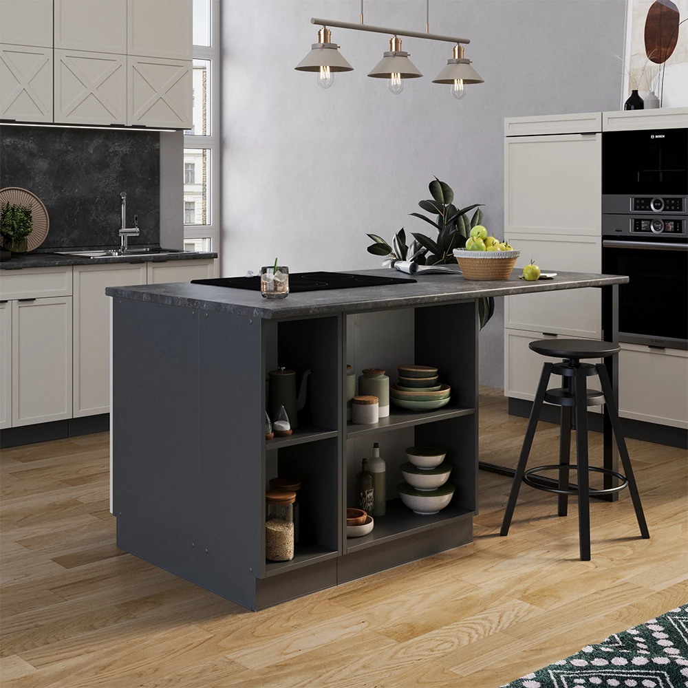 Vicco Kücheninsel "Fame-Line", GrauBeige, 90 cm mit Schublade, ohne Arbeitsplatte
