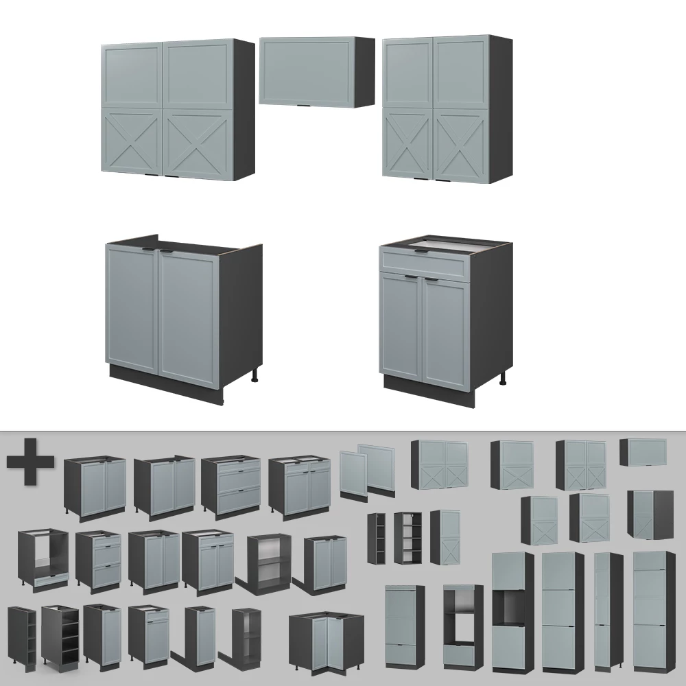 Gros plan de Cuisine en Bleu clair-gris/anthracite, montrant le design et les détails de surface