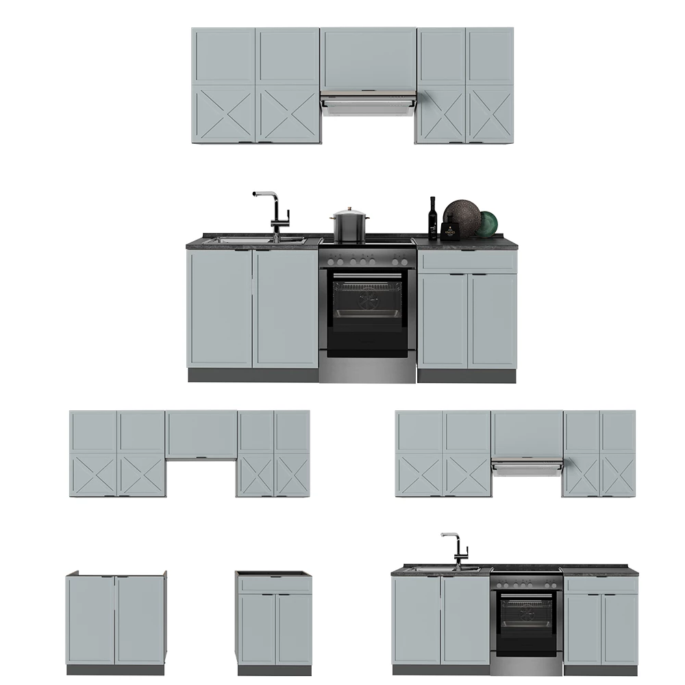 Cuisine en Bleu clair-gris/anthracite sur fond blanc avec des éléments décoratifs