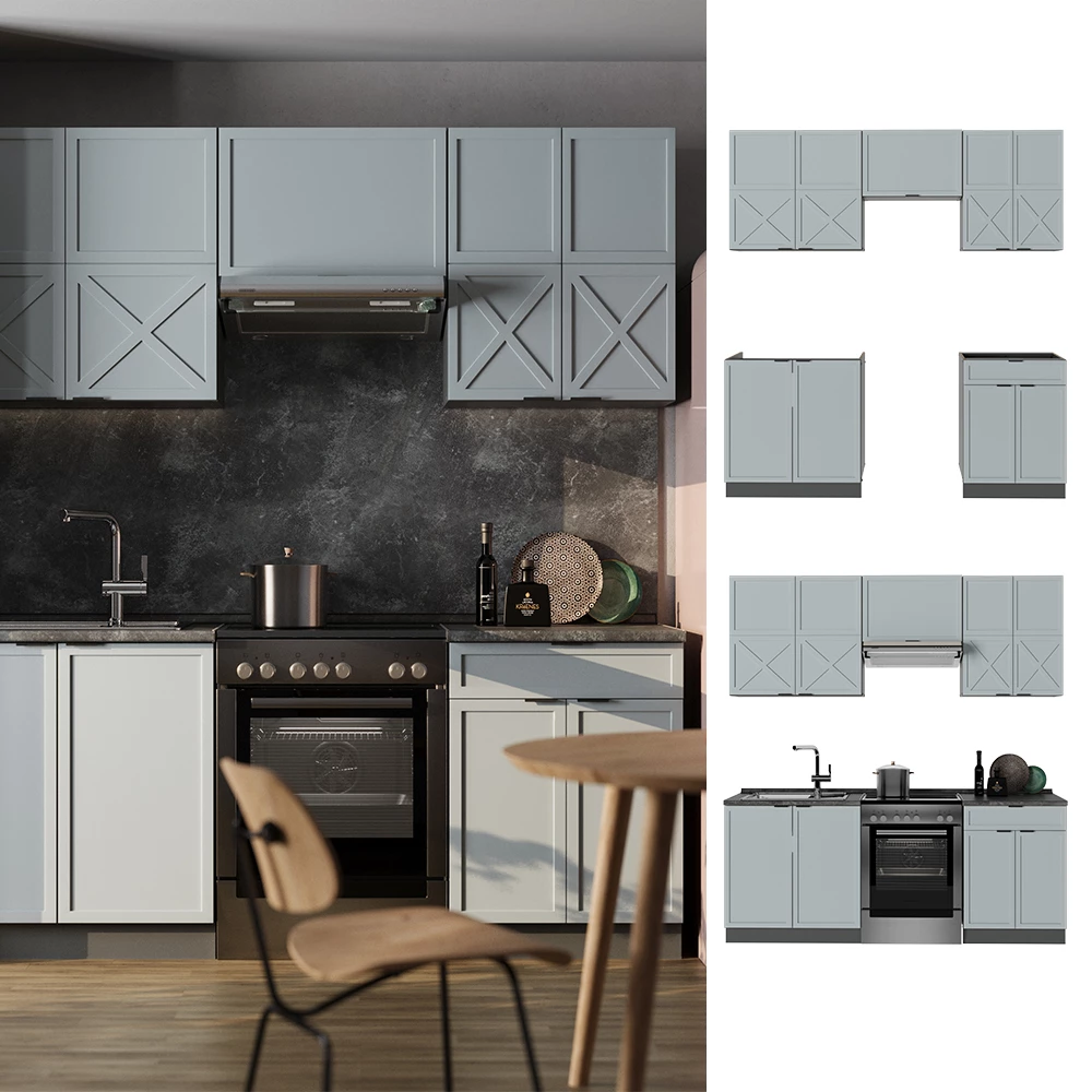 Cuisine en Bleu clair-gris/anthracite, présenté dans un décor ambiant et sur fond blanc