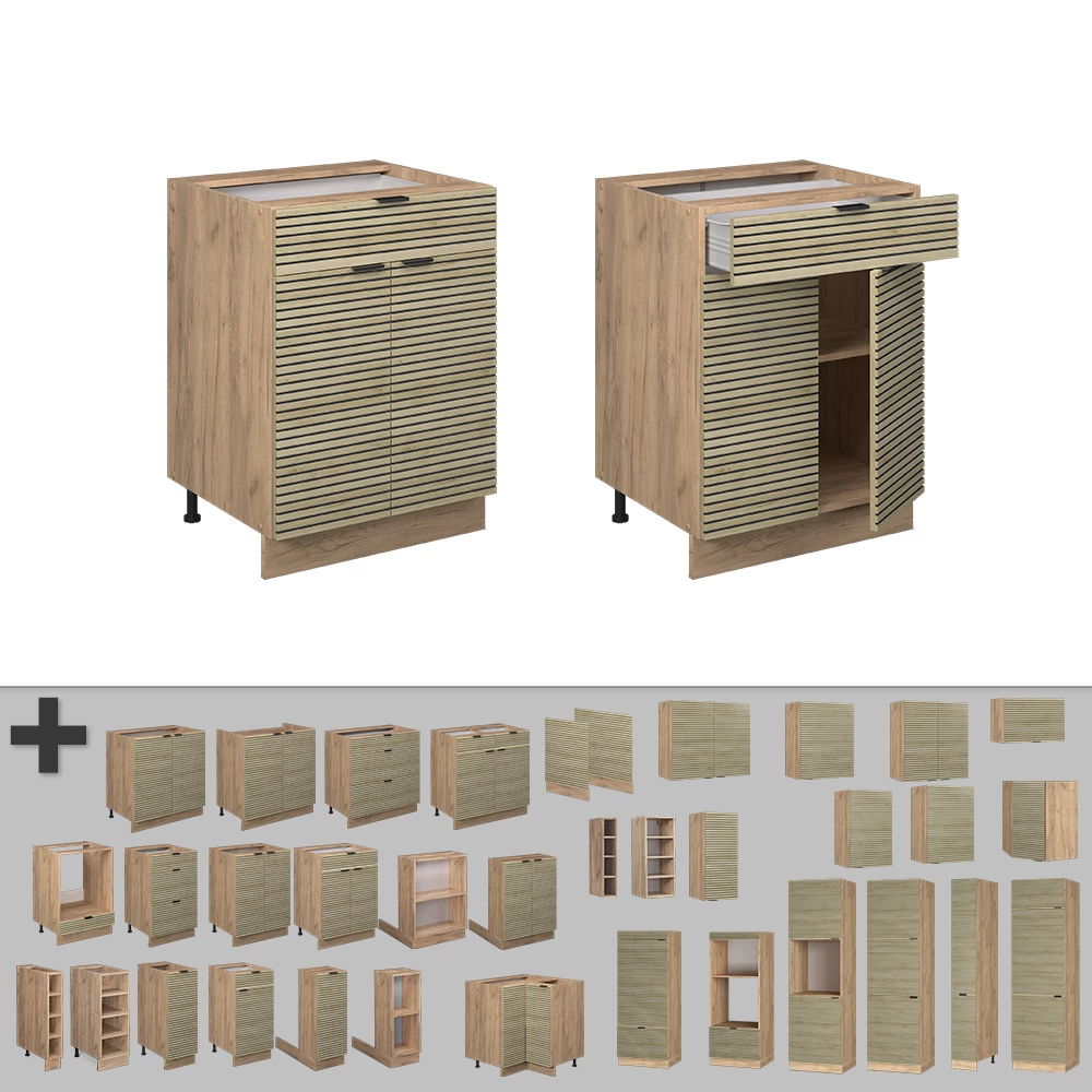 Nahaufnahme von Schubunterschrank  in Eiche Paneel, zeigt Design- und Oberflächendetails