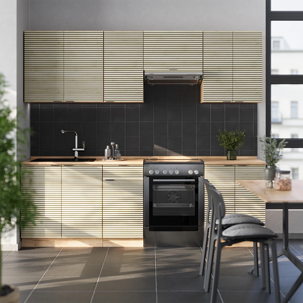 Mueble de cocina en Panel de roble/Roble Goldkraft sobre fondo blanco