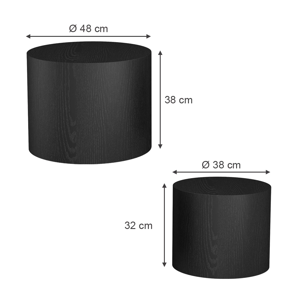 Couchtisch-Set in Schwarz auf weißem Hintergrund mit sichtbaren Maßen