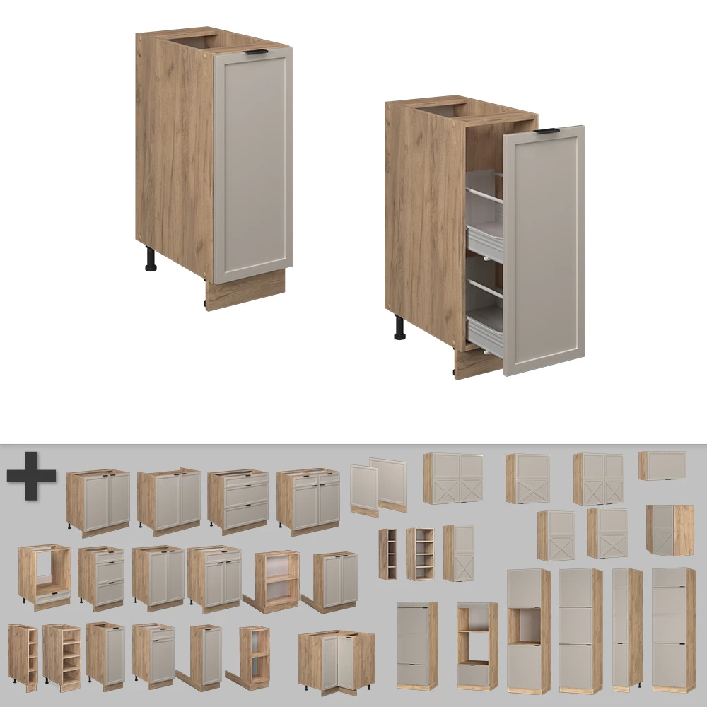 Nahaufnahme von Apothekerunterschrank in GrauBeige, zeigt Design- und Oberflächendetails