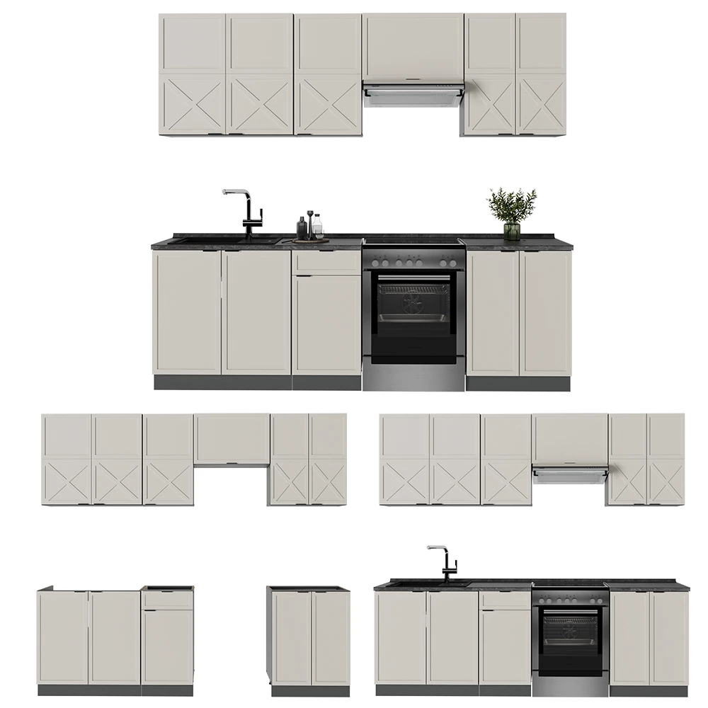 Cuisine en GrisBeige/Anthracite sur fond blanc avec des éléments décoratifs