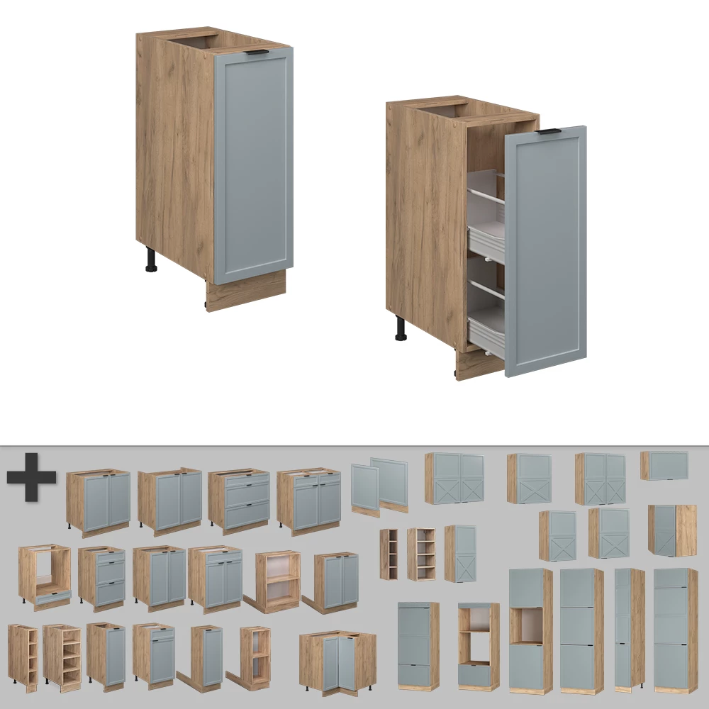 Nahaufnahme von Apothekerunterschrank in Hellblau-grau, zeigt Design- und Oberflächendetails
