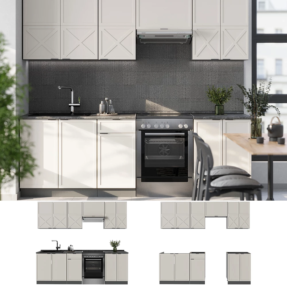 Cuisine en GrisBeige/Anthracite, présenté dans un décor ambiant et sur fond blanc