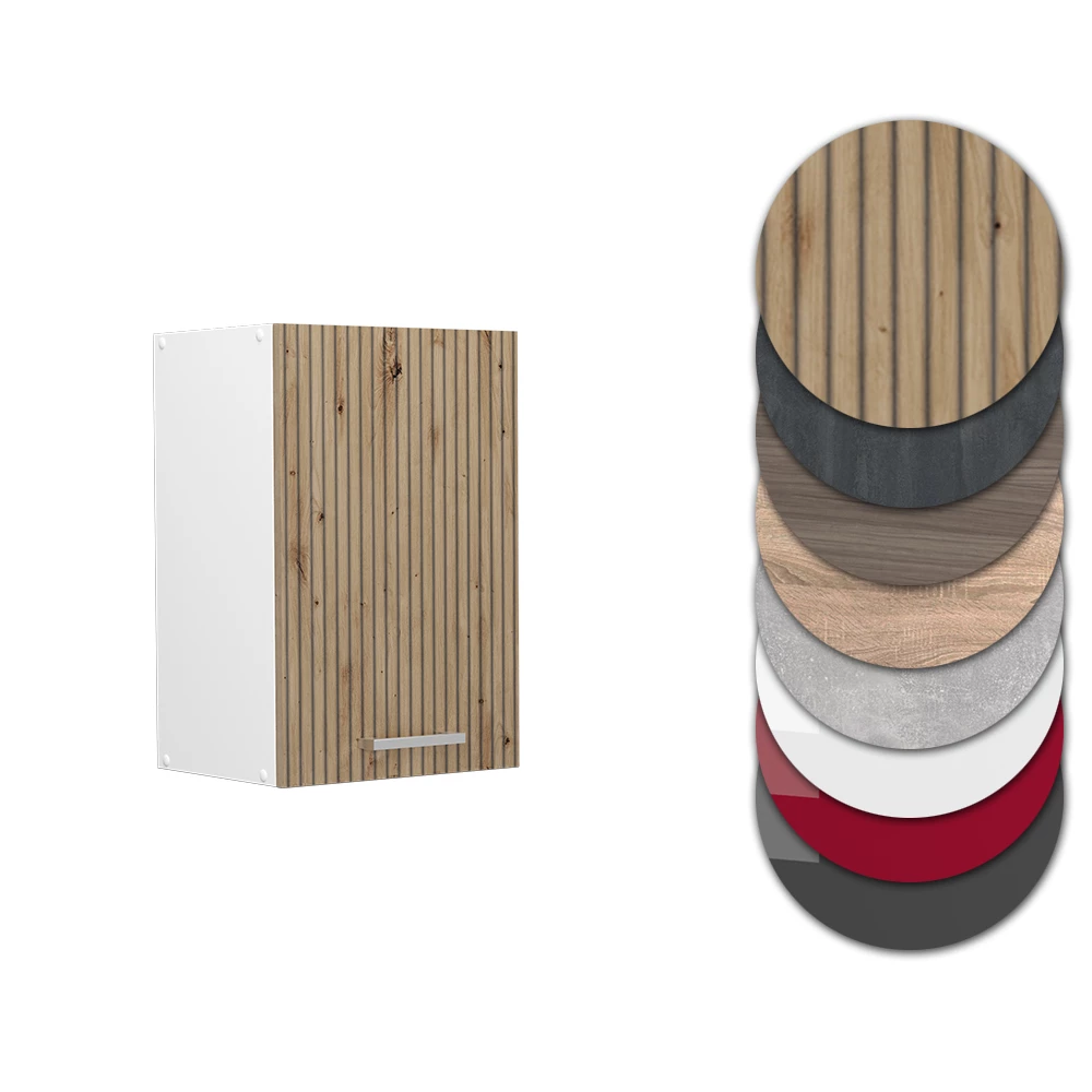 Nahaufnahme von Hängeschrank in Artisan-Eiche, zeigt Design- und Oberflächendetails