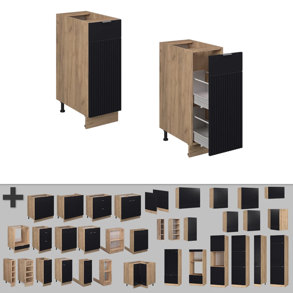 Nahaufnahme von Apothekerschrank in Schwarz gestreift, zeigt Design- und Oberflächendetails
