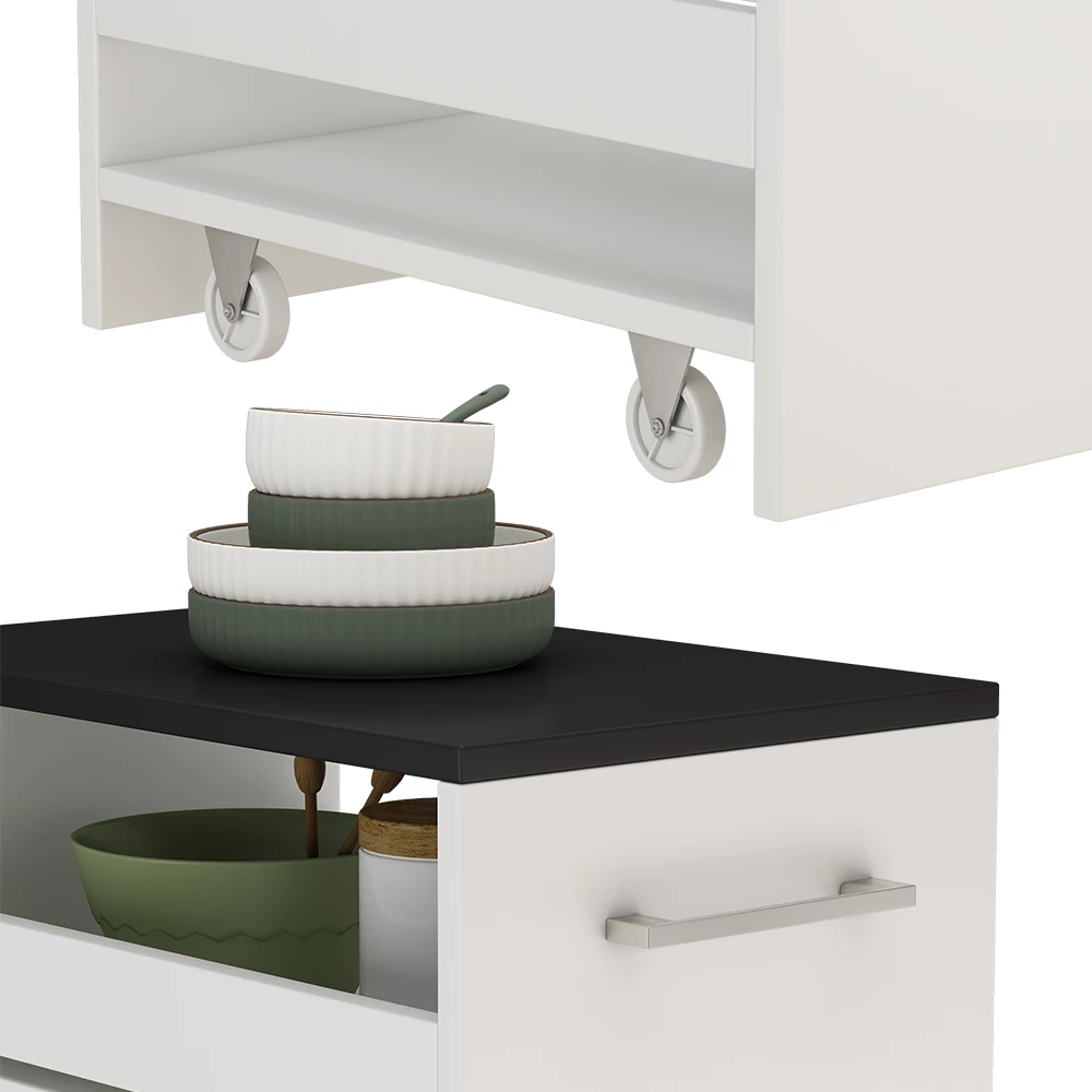 Nahaufnahme von Rollregal in Weiß/Anthrazit, zeigt Design- und Oberflächendetails