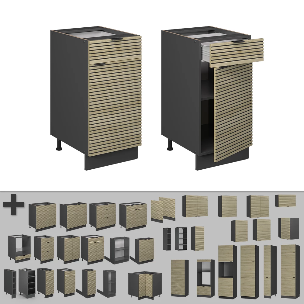 Nahaufnahme von Küchenunterschrank in Eiche Paneel, zeigt Design- und Oberflächendetails