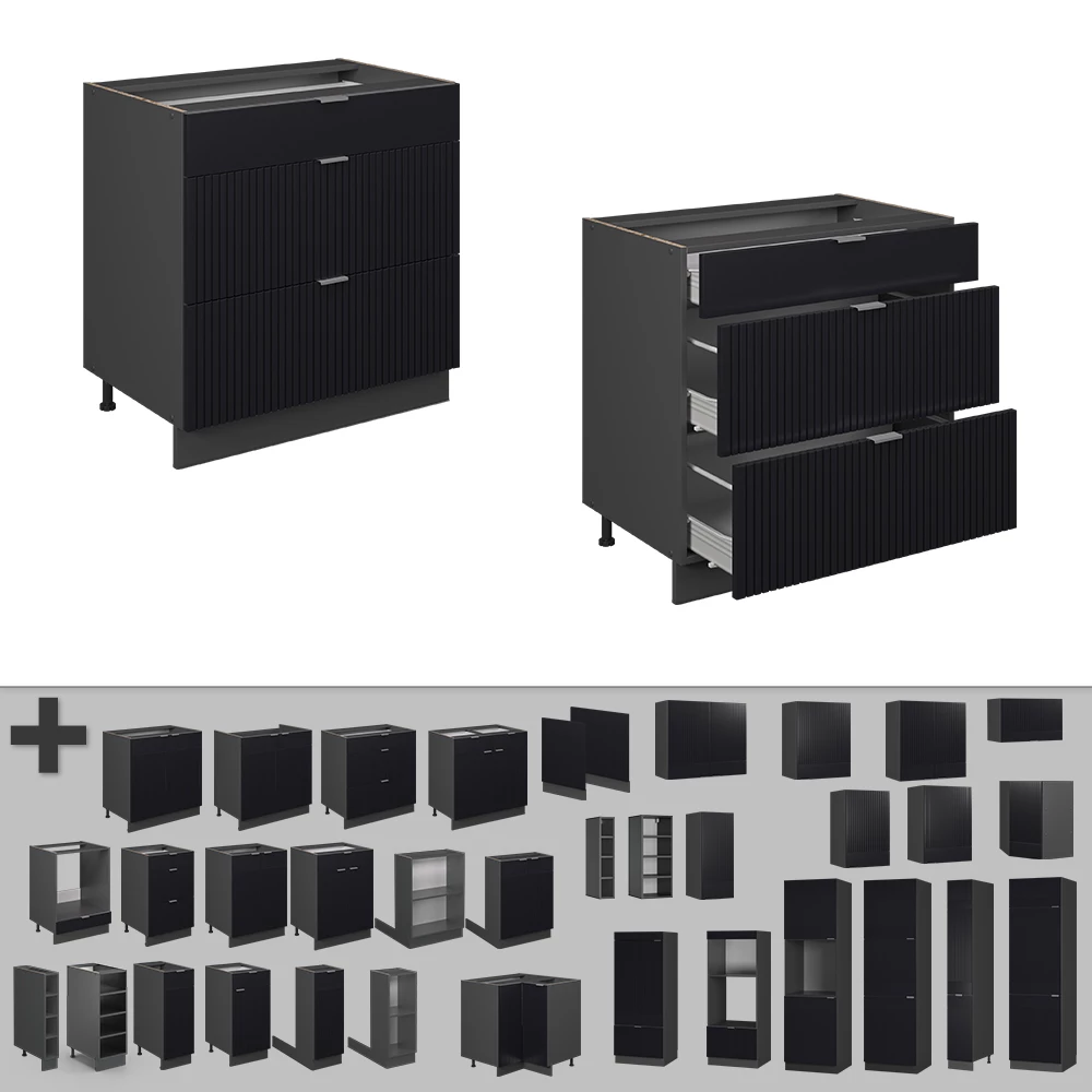 Nahaufnahme von Küchenunterschrank in Schwarz gestreift, zeigt Design- und Oberflächendetails