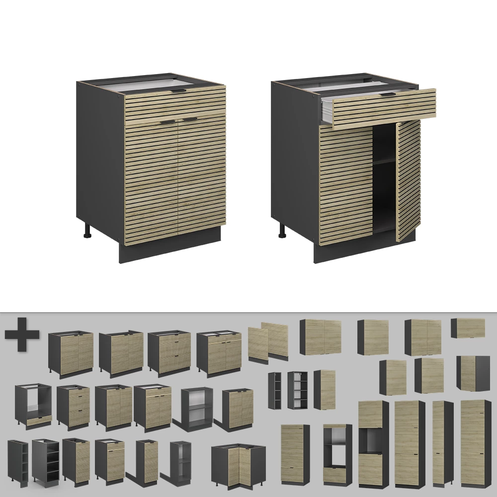 Nahaufnahme von Küchenunterschrank in Eiche Paneel, zeigt Design- und Oberflächendetails
