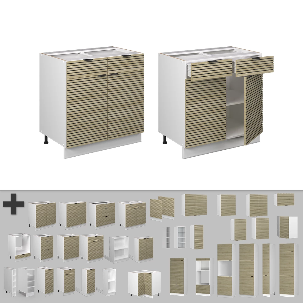 Nahaufnahme von Küchenunterschrank in Eiche Paneel, zeigt Design- und Oberflächendetails