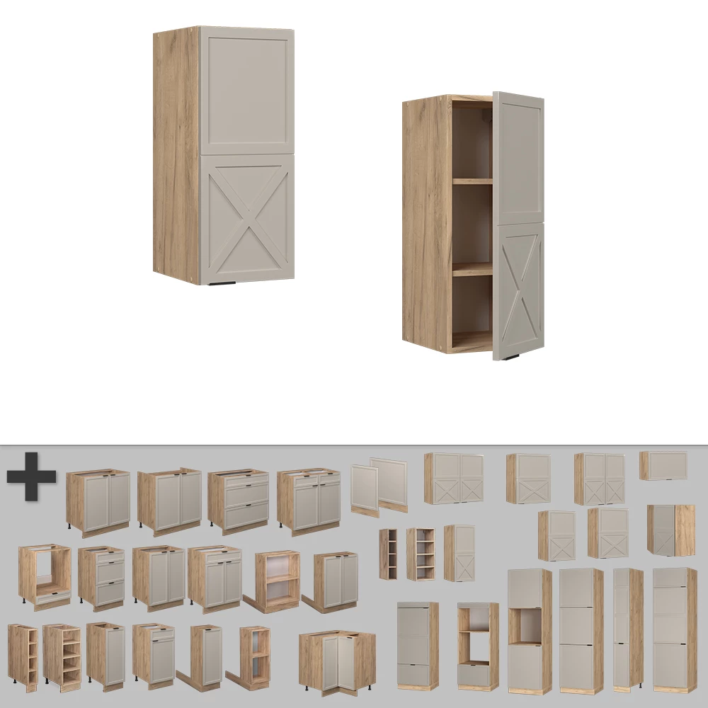 Nahaufnahme von Hängeschrank in GrauBeige, zeigt Textur/Details
