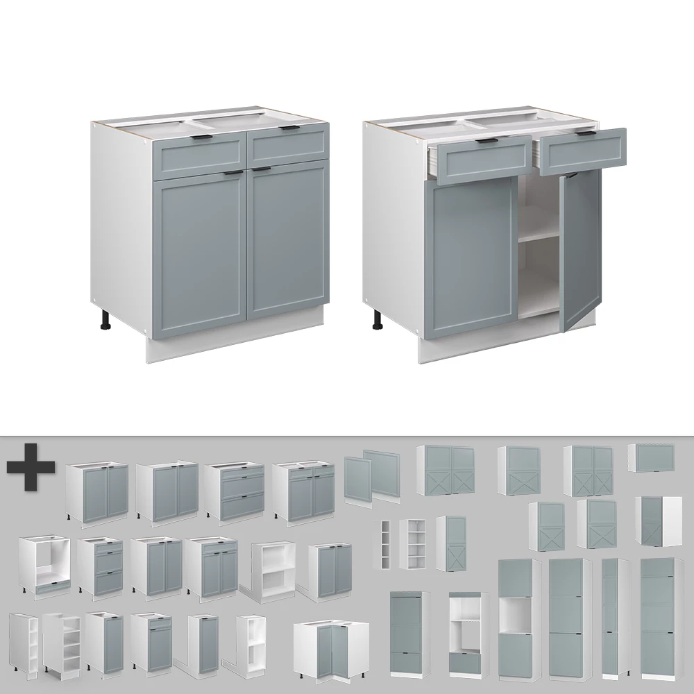 Nahaufnahme von Küchenunterschrank in Hellblau-grau, zeigt Design- und Oberflächendetails