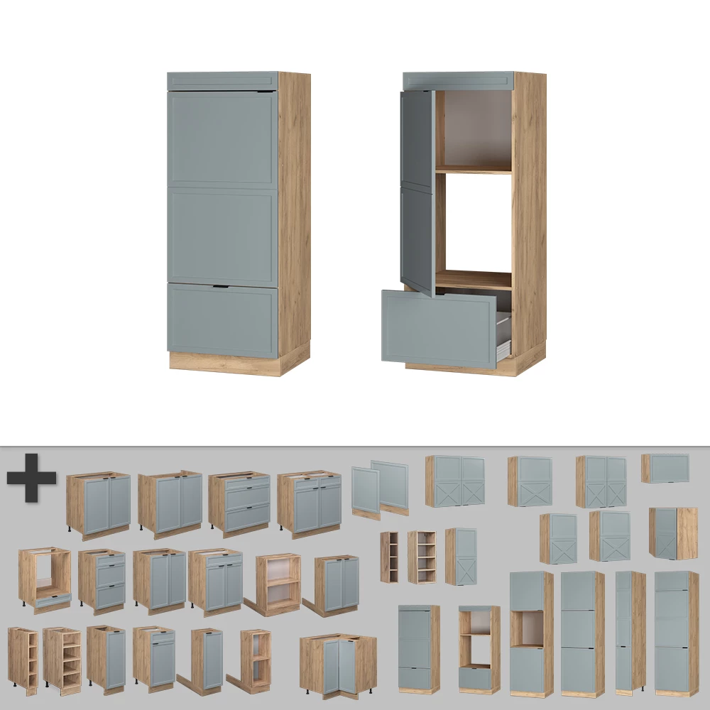 Nahaufnahme von Mikrowellenschrank in Hellblau-grau, zeigt Textur/Details