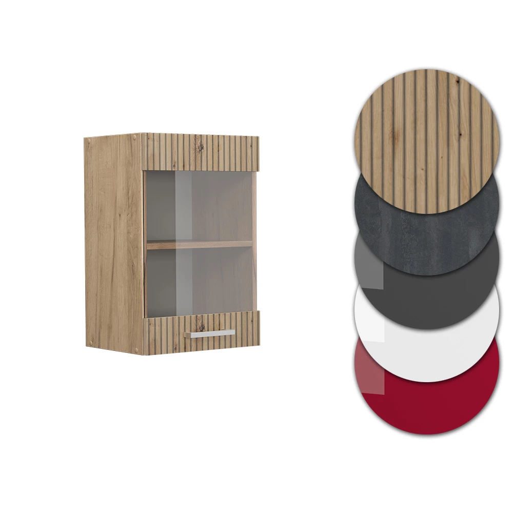 Nahaufnahme von Küchenglasschrank in Artisan-Eiche, zeigt Design- und Oberflächendetails