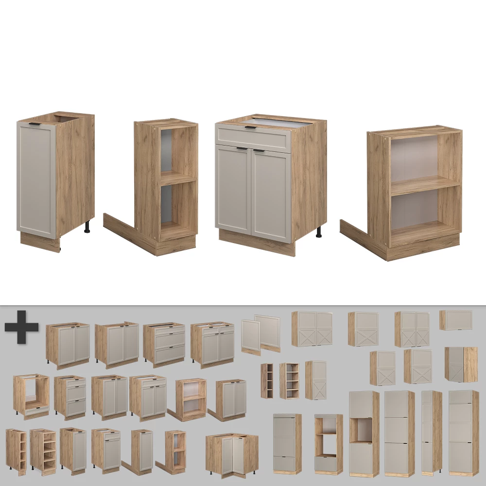 Nahaufnahme von Kücheninsel in GrauBeige, zeigt Design- und Oberflächendetails