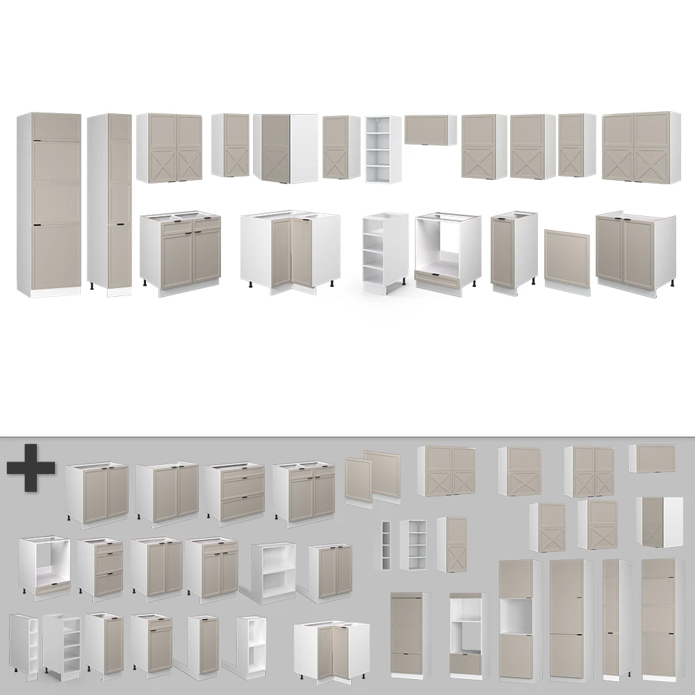 Gros plan de Cuisine en angle en GrisBeige/Blanc, montrant le design et les détails de surface