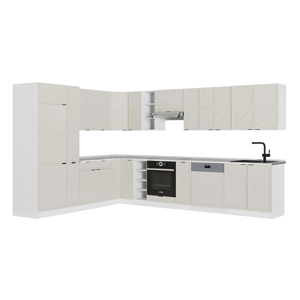 Hoekkeuken in Grijs/beige/wit op een witte achtergrond