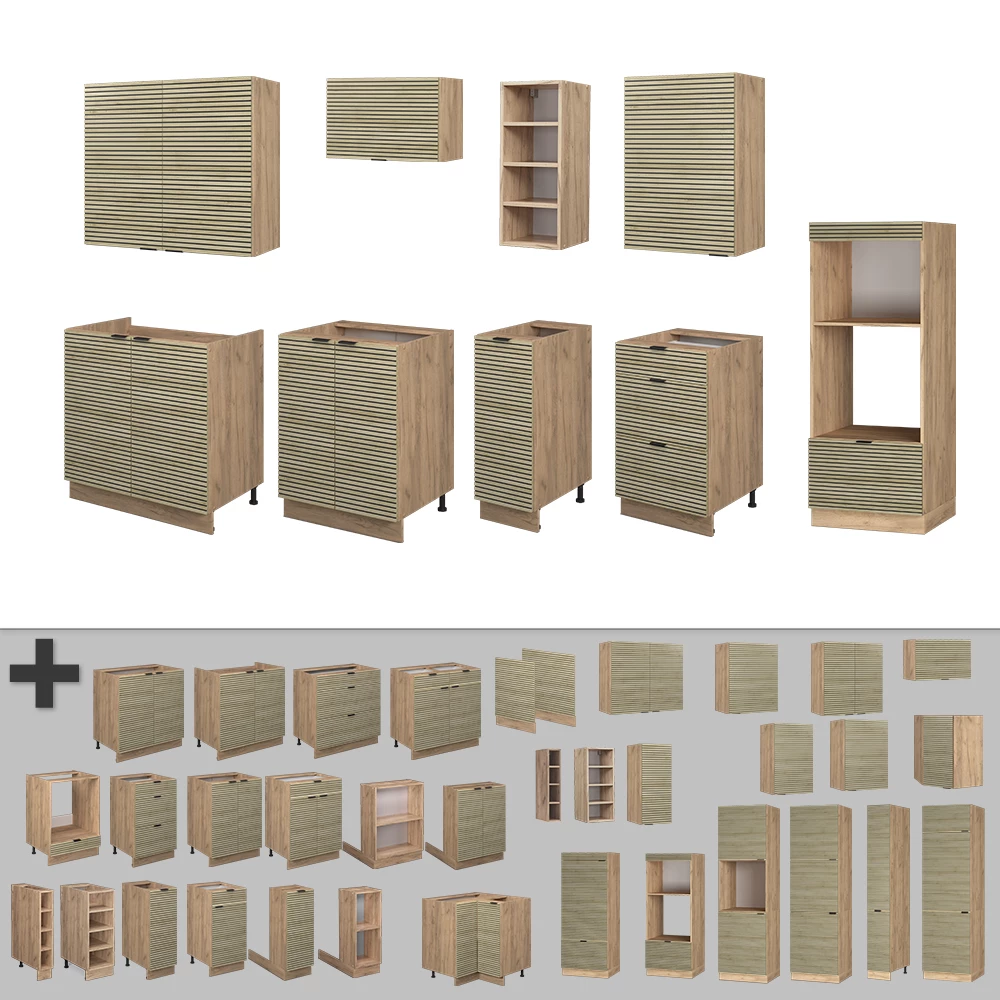 Nahaufnahme von Küchenzeile in Eiche Paneel/Goldkraft Eiche, zeigt Design- und Oberflächendetails