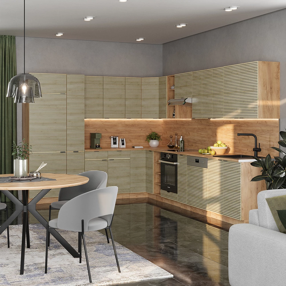 Sarokkonyha Tölgy panel/Goldkraft tölgy színben fehér háttéren