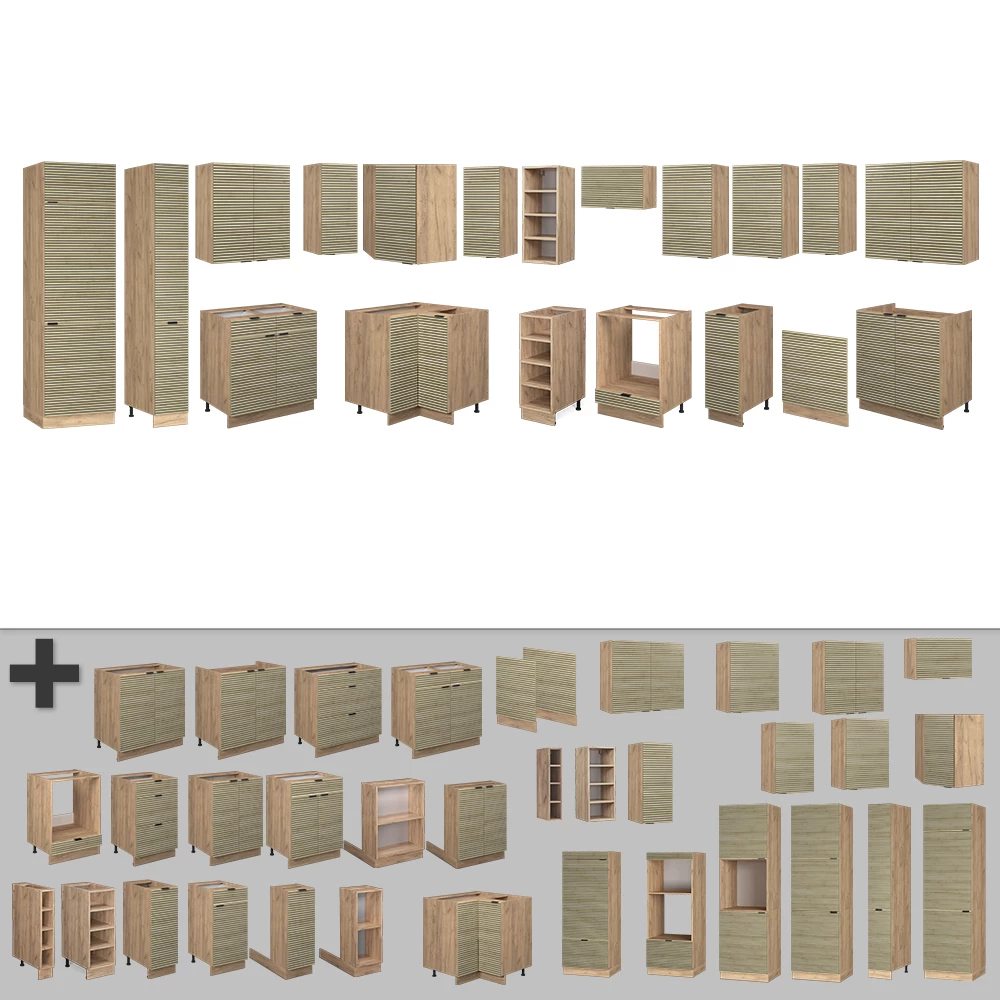 Nahaufnahme von Eckküche in Eiche Paneel/Goldkraft Eiche, zeigt Design- und Oberflächendetails