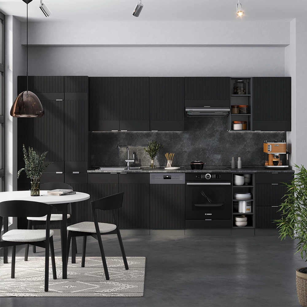 Čajna kuhinja u boji Schwarz gestreift/Anthrazit na bijeloj pozadini